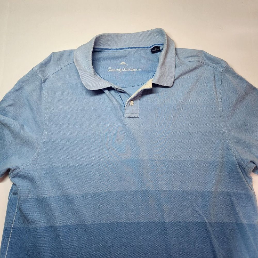 TOMMY BAHAMA SHORT SLEEVE POLO BLUE OMBRE STRIPES SIZE L